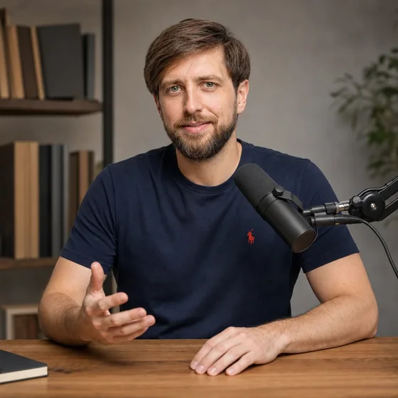 Michał Paszkiewicz, radca prawny, przy biurku z mikrofonem